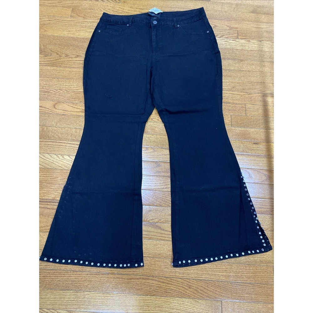 Ashley Stewart Black Pants Jeans Wide Leg Flare‎ Size 20 NWT Slit Leg